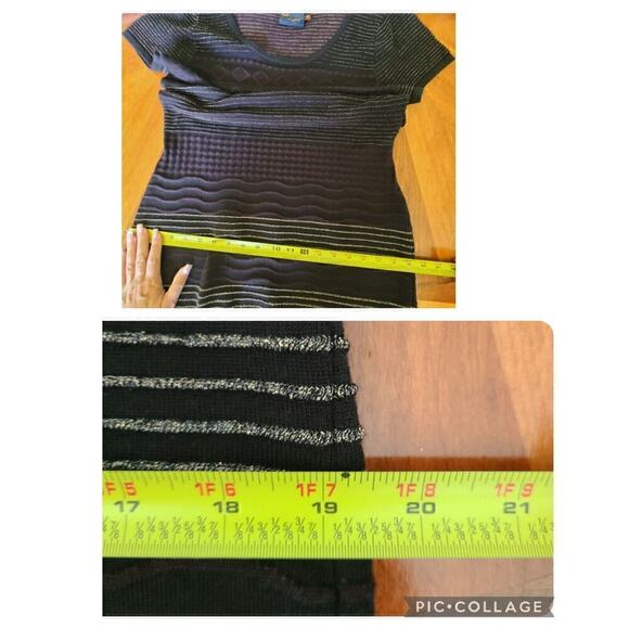Just Taylor Black Knit‎ Sweater Dress Sz Large Fur Gold Striped Black Sheath - Picture 11 of 12